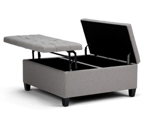 lot 60 image: Simpli Home Harrison 36 in. Wide Transitional Square Coffee Table Storage Ottoman in Dove Grey Linen Look Fabric