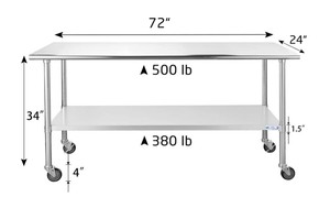 lot 32 image: Hally 24 x 72 In. Stainless Steel NSF Commercial Heavy Duty Table for Prep & Work with Undershelf, Galvanized Legs and Caster Wheels