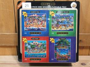 lot 21 image: DOWDLE  4-pack Mini Wooden Puzzle & Tray  Beaches Set
