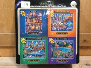 lot 19 image: DOWDLE  4-pack Mini Wooden Puzzle & Tray  World Cities Set