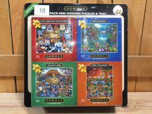 lot 18 image: DOWDLE  4-pack Mini Wooden Puzzle & Tray  Animals Set