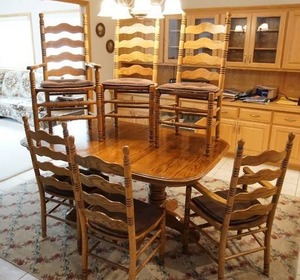 Vintage Solid Oak Dinette Double-Pedestal Kitchen Table (4) leaves (4) Ladderback Chairs (2) Captains Chairs