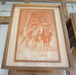 Vintage Remington Attribute Cowboy Indian Signed Impressionist Equestrian 1974 Fredrick Remington Photography on Glass Shadowbox by Lucid Lines Culver City, California
