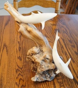 Vintage Sculpture of Two Dolphins on a Natural Burl Wood Base by John Perry