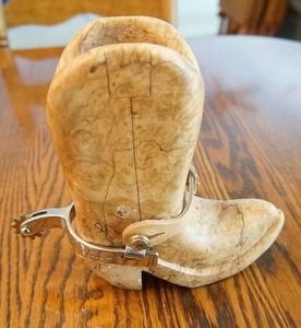 Custom Hand-carved Burl Wood Western Cowboy Boot with Metal Spur Match Holder