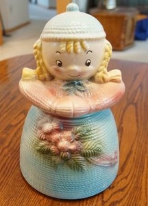 Cookie Jar Mid Century Modern Glazed American Bisque Dutch Yarn Doll with Braids