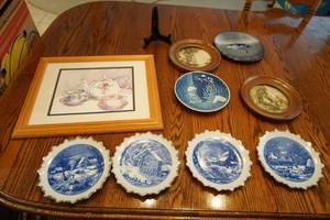 Set of wall decor plates, shelf, vintage peasant, Maui plate is the largest being 8 inches,.
