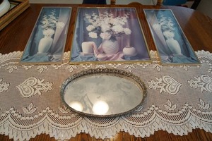 3 pc Set of Prints, Long Crocheted Dollie, Oval Vanity Mirror Tray