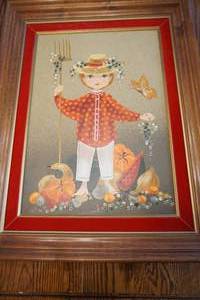 Amazing retro painting on board by Lola Cabot of a farmer Boy surrounded by fruits, gourds, and a friendly butterfly.