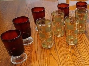 Two sets mid-century, modern drink glasses