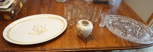 Chinoiserie hand painted vase, oval serviceware, crystal vase, Corelle drink glasses