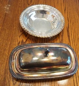 Sterling silver 6 12 inch bowl, finest quality international silver company. silver plated, covered butter dish with glass insert.