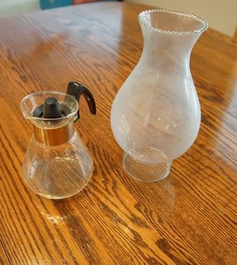 Corning 6 inch glass pitcher with lid, hand blown 9 12 inch hurricane lamp shade with 3 inch diameter base insert.
