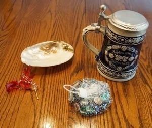 Vintage shell, trinket dish, hand blown hummingbird, West Germany lidded ceramic stein