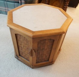 Marble top octagon, side tablecupboard.