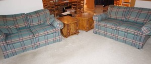 Pair of loveseats with two end tableside tables, hand painted , solid oak