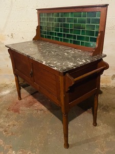 lot 10A image: Vintage Wooden Marble Top Cabinet with a Tiled Backsplash