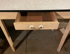 lot 90 image: Vintage Enamel Top Table with Drawer