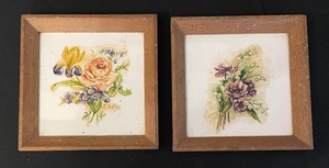 lot 97 image: Six Vintage Wood Framed Floral Tiles