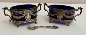 lot 18 image: Pair of Vintage Salt Cellars with Cobalt Blue Glass Inserts