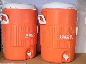 lot 210 image: Lot of (2) Igloo 14 5-Gallon Orange Plastic Drinking Water Coolers