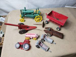 Cast Iron John Deere Tractor and Toy Implements