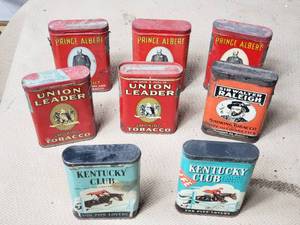 Prince Albert, Kentucky Club, Union Leader and Sir Walter Raleigh Tobacco Tins