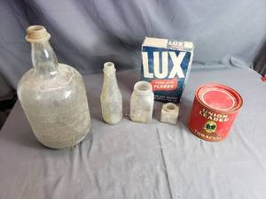 Vintage Bottles, Tobacco Tin, Lux