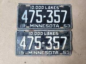 Matching Pair of 1953 Black and White Minnesota License Plates