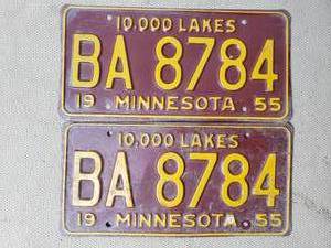 Matching Pair of 1955 Yellow and Red Minnesota License Plates