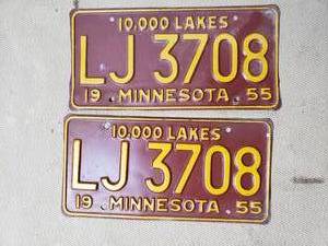 Matching Pair of 1955 Yellow and Red Minnesota License Plates