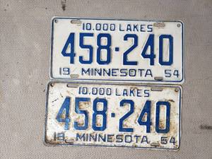 Matching Pair of 1954 White Minnesota License Plates