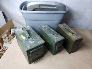 lot 29 image: Tote with 3 Ammo Cans