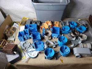 lot 99 image: Tote of Electrical Boxes and Other Electrical Supplies