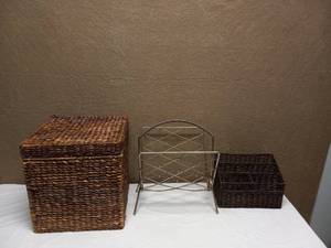 VINTAGE BRASS MAGAZINE HOLDER, WICKER BASKET & WICKER DESK ORGANIZER