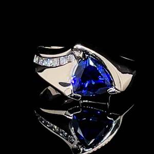 1.10 Carat Triangle Cut Natural Blue Sapphire & Diamond Contemporary Ring in 14k White Gold $2,800 Retail VIDEO