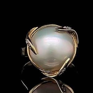 High End Estate Diamond & White Mabe Pearl Button Swirl Elegant Ring in 14k Yellow Gold $1,999 Retail VIDEO