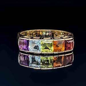 Square Semi-Precious Multi-Stone Ring in 14k Yellow Gold - Amethyst, Blue Topaz, Citrine, Peridot, and Garnet $1,599 retail VIDEO