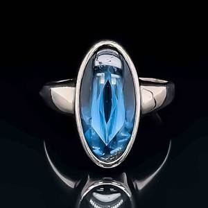 Designer JOSTENS Contemporary Elongated Cabochon Faceted Blue Topaz Solitaire Ring in Yellow Gold VIDEO