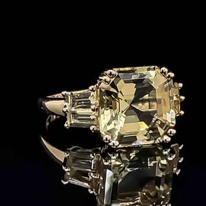 Yellow Topaz Fancy Cushion & Baguette Square Shoulder Ring in 14k Yellow Gold VIDEO