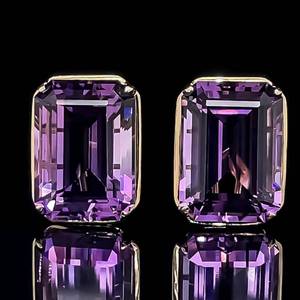 Excellent Condition 35 CARAT Large Emerald Cut Amethyst Solitaire Stud Earrings in 14k Yellow Gold $1,800 Retail VIDEO
