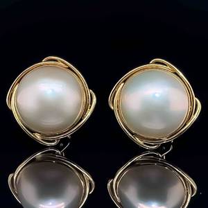 High End Estate White Mabe Pearl Button Swirl Elegant Stud Earrings in 14k Yellow Gold $2,200 Retail VIDEO