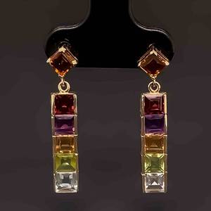 Square Multi-Stone Linear Dangle Drop Earrings in 14k Yellow Gold - Natural Garnet, Amethyst, Citrine, Peridot, and Topaz $1,499 retail