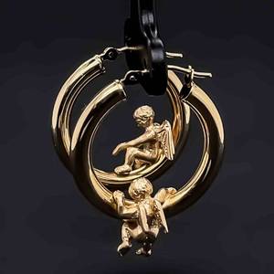 Cherub Angel Asymmetrical Small Tube Hoop Earrings in 14k Yellow Gold
