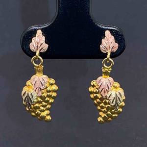 Black Hills Gold Grape Leaves Dangle Earrings in Tri-Color Rose, Yellow & White Gold