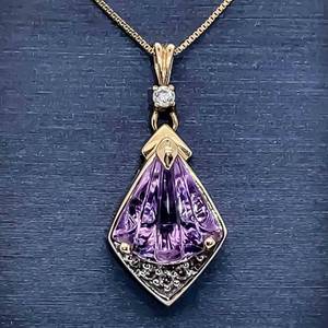 Fantasy Cut Amethyst & Diamond Drop Pendant in 14k Yellow Gold $2,000 Retail VIDEO