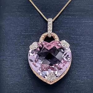 8 CARATS Amethyst & Diamond Accent Faceted Heart Padlock Drop Pendant in 14k Rose Gold $1,850 Retail VIDEO