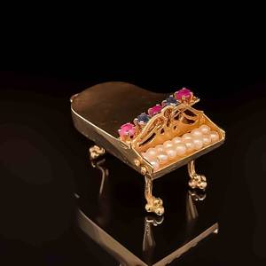 Unique Estate Vintage Grand Piano Charm Circa 1950s-19060s w Ruby & Sapphire in 14k Yellow Gold - Collectable, Heirloom, Bespoke & Keepsake
