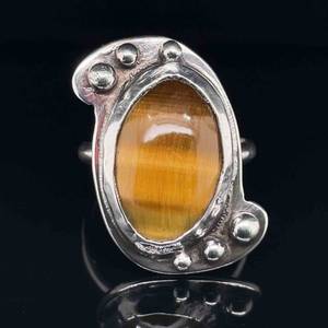 10 CARAT Tigers Eye Oval Cabochon Bead Ring, Handmade