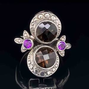 Smoky Quartz &amp Amethyst Leafy Floral Garden Bouquet Ring